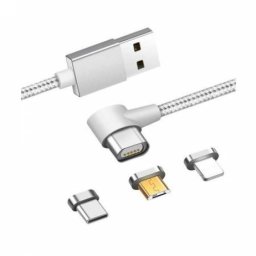 Cablu de date si incarcare magnetic rotativ 3 in 1 Lightning, Type-C , micro-USB, 540 grade cu incarcare rapida, Alb