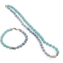 Set colier si bratara Amazonit si Opal albastru rondele 6-7mm, Acvamarin sfere 4mm si Hematit auriu
