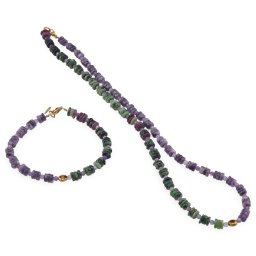 Set colier si bratara Rubin in zoisit si Lepidolit rondele 6mm, Ametist sfere fatetate 4mm si Hematit auriu