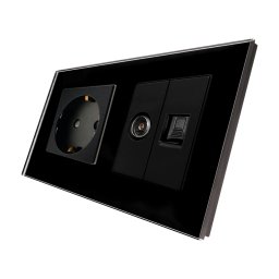 Priza Schuko + TV + Internet cu Rama Din Sticla LUXION, Negru, LX-1MP010/26/25G-B