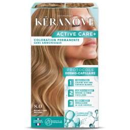 Vopsea permanenta pentru par, fara amoniac, 100% acoperire fire albe, blond deschis natural Keranove