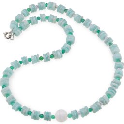Colier Amazonit rondele 7mm, Onix verde si Ametist sfere 3mm si Selenit sfera 10mm