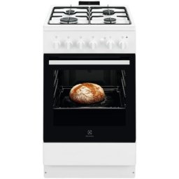 Aragaz Electrolux LKG504013W, Gaz, 4 arzatoare, Autocuratare Catalitica, Timer mecanic, Aprindere integrata plita si cuptor, Grill Electric, Rotisor, Iluminare cuptor, 50 cm, Alb