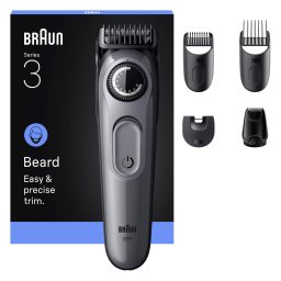 Aparat de tuns barba Braun Beard Trimmer Seria 3 BT3560, Lama ultra ascutita, +5 Accesorii de ingrijire: 3 Piepteni, 1 Mini cap de ras, 1 Perie de curatare, Rotita de precizie, 40 Setari de lungime, Autonomie 50 minute, Gri argintiu