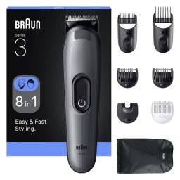 Aparat de tuns multifunctional Braun All-in-One Seria 3 AIO3540, 8-in-1, Lama ultra ascutita, 6 Piepteni, 1 Perie de curatare, 1 Saculet, 14 Setari de lungime , Autonomie 50 minute, Gri argintiu lucios