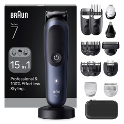 Aparat de tuns multifunctional Braun All-in-One Seria 7 AIO7580,Lama ProBlade, AutoSense,8 Piepteni, 1 Cap tuns SkinGuard,1 Cap ras PrecisionShave, 1 Cap tuns urechi/nas,1 Cap ContourPro,Autonomie 120 min,Ingrijire pentru zona intima,Albastru metalic