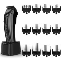 Aparat de tuns Rowenta x Karl Lagerfeld Barber Experience TN155LE0, 6500 rpm, autonomie 150 min, 6 piepteni ficsi 3-6 -9-12-18-25 mm, 6 piepteni fade stanga - dreapta, setare precizie 0.3mm, lame inox, indicator LED, baza de incarcare, negru & gri