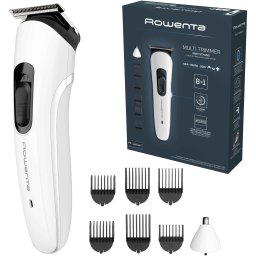 Aparat de tuns multifunctional Rowenta Trim & Style 8 in 1 TN8934E0, autonomie 60 min, 6 piepteni, 6500 RPM, setare precizie 3 mm, indicator LED baterie, lame lavabile si detasabile din inox, alb & negru