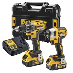 Set Masina de gaurit si insurubat (bormasina) pe acumulator DeWalt DCD791 + Masina de gaurit si insurubat (bormasina) pe acumulator cu impact DeWalt DCF887+ 2 acumulatori 5 Ah + incarcator + cutie transport TSTAK II, Negru-Galben