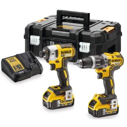 Set 2 scule profesionale pe acumulator DeWALT DCK266P2T, 18V XR, motor fara perii, masina de gaurit cu percutie DCD796, masina de insurubat cu impact DCF887, 2x acumulator Li-Ion 5 Ah, incarcator rapid, cutie transport TSTAK, Negru-Galben
