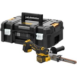 Slefuitor cu banda pe acumulator DeWALT DCM200NT, 18V XR, motor fara perii, iluminare LED, latime banda 13 mm, viteza variabila maxima 1.700 m/min, brat pivotant 173 grade, cutie transport TSTAK, fara incarcator/acumulator, Galben
