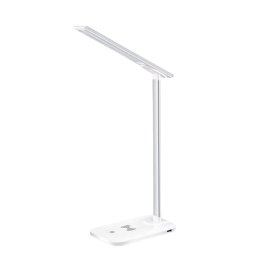 Lampa de birou LED alba, multifunctionala, pliabila cu incarcator wireless, moderna, pentru dormitor, birou si living.