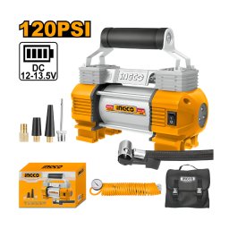 Compresor Auto INGCO cu 2 Cilindri, 12V, 120PSI, LED, Accesorii Incluse + Geanta Transport