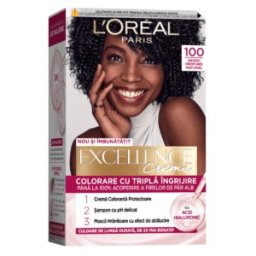 Vopsea de Par Permanenta cu Amoniac L'Oreal Paris Excellence Creme 100 Negru Profund Natural, 192 ml