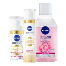 Pachet Crema Zi Contra Pete Pigmentare Nivea Cellular Luminous 40 ml, Ser Intensiv 30 ml, Apa Micelara Bifazic Rose Water 400 ml