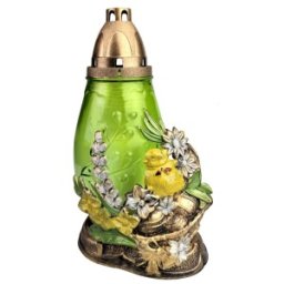 Set 2 x Candela din Sticla cu Decoratiune Pasti, Cos cu Pui