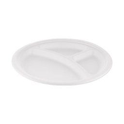 Set 2 x 125 Farfurii Trestie, Biodegradabile, Compostabile, 3 compartimente Rotunde, Albe, 26 cm