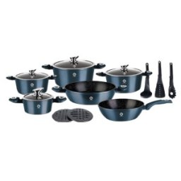 Vase din Aluminiu, Albastre, Set 15 Piese, Capace din Sticla, Compatibile cu Plita cu Inductie, Grunberg