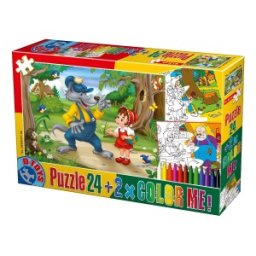 Puzzle 24 Piese, D-Toys, Scufita Rosie, 2 Fise de Colorat si Creioane Colorate Color Me