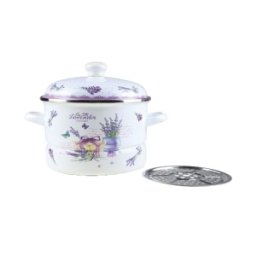 Set 2 x Oala Emailata cu Capac si Sita Metalica, 24 cm, 5 l, Alb / Mov, Grunberg, Model GR2462A