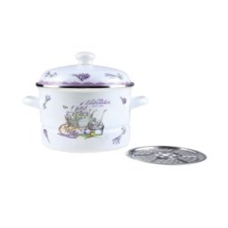 Set 2 x Oala Emailata cu Capac si Sita Metalica, 24 cm, 5 l, Alb / Mov, Grunberg, Model GR2462B