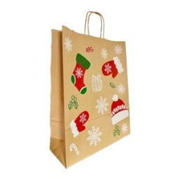 Set 2 x 100 Pungi din Hartie cu Manere, Natur, Model Craciun, 20 x 9 x 25 cm