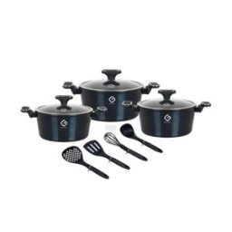 Set 2 x 3 Vase din Aluminiu cu Capace din Sticla si 4 Ustensile, Albastre, Compatibile cu Plita cu Inductie, Grunberg