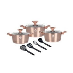 Set 2 x 3 Vase din Aluminiu cu Capace din Sticla si 4 Ustensile, Aurii, Compatibile cu Plita cu Inductie, Grunberg