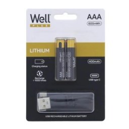 Acumulator AAA (R3) Li-ion 10440 1.5V 400mAh, 600mWh, Incarcare USB-C, 2 Bucati, Well