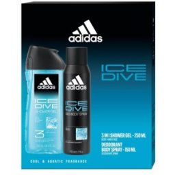 Set 2 x Caseta Cadou Barbati, Adidas Ice Dive, Gel de Dus 3 in 1 250 ml, Deoodorant Spray 150 ml