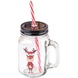 Cana din Sticla cu Decoratiuni de Craciun, Ren si Pai, 450 ml, Perfect Home