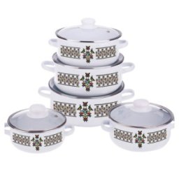 Oale Emailate cu Capace din Sticla, 16 cm/18 cm/20 cm/22 cm/24 cm, 5 Bucati