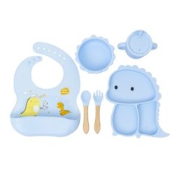 Piese din Silicon Hranire Bebelus, Model Dinozaur, Bleu, 6 Bucati