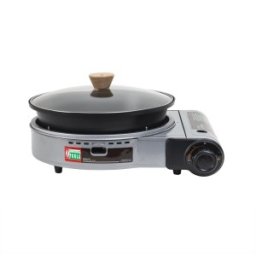 Aragaz Camping cu Oala si Capac din Sticla, Aprindere Electrica, Lungime 40 cm, Gri