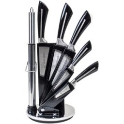 Set 2 x 8 Cutite cu Suport, Inox, Negru