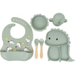 Set 2 x 6 Piese din Silicon Hranire Bebelus, Model Dinozaur, Verde