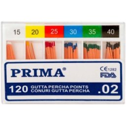 Conuri Gutta Percha .02 Taper, Asortate Nr.15-40, pentru Uscarea Canalelor Radiculare, Prima, 120 Bucati