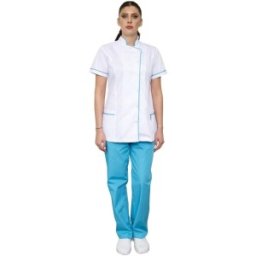 Tunica Medicala Dama Ema Premium, Maneca Scurta, Inchidere Capse, 2 Buzunare, Alb Bordura Turcoaz, XS
