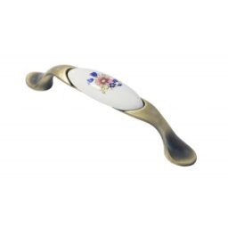 Set 2 x Maner Ceramica Model W0520/701B, 96 mm, Finisaj Antic Auriu/Flori Albastre