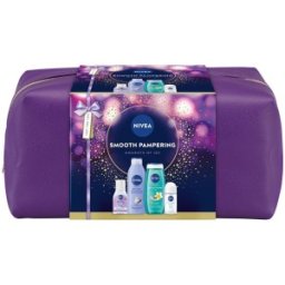 Set Cadou Femei Nivea Smooth Pampering, Lotiune Corp 250 ml, Gel Dus 250 ml, Roll-on 50 ml, Apa Micelara 100 ml, Geanta
