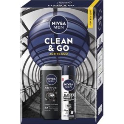 Caseta Cadou Barbati Nivea Men Clean&Go, Gel Dus 250 ml, Deodorant Spray 150 ml
