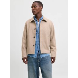 Jack & Jones Palton scurt barbati, JEHARRIS, cu guler inalt si 2 buzunare oblice, Maro deschis (SELECTATI MARIMEA: L)