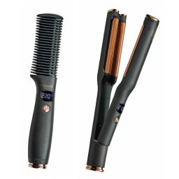 Set perie electrică și presă retro Carrera Classic 21291122, 40/55W, setare rapidă, 6 temperaturi, afișaj LED, negru/maro