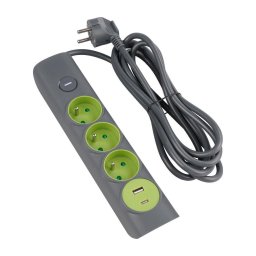 Retlux - Prelungitor cu întrerupător, 3 prize Tip E + 1x USB-A + 1x USB-C, 1,4 m, gri