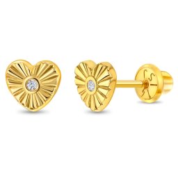 Cercei din Aur 14K pentru Copii, model Inima cu Razele Soarelui si Piatra CZ Transparenta, inchidere cu Filet si Protectie