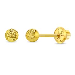 Cercei din Aur 14K pentru Copii, model Biluta Fatetata Diamond-Cut 4 mm, inchidere cu Filet si Protectie
