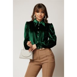 Camasa DY Fashion eleganta din catifea verde cu nasturi perlati