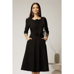 Rochie midi neagra de ocazie cu insertii din dantela la bust si buzunare
