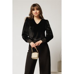 Bluza DY Fashion din catifea neagra cu mansete din paiete si decolteu in V