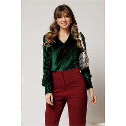 Bluza DY Fashion din catifea verde cu mansete din paiete si decolteu in V